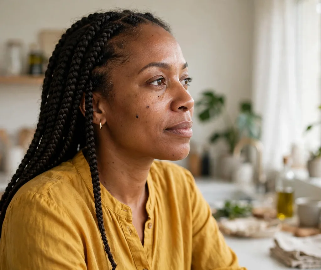 Dark brown mid-back knotless braids on a woman in a mustard blouse, home interior