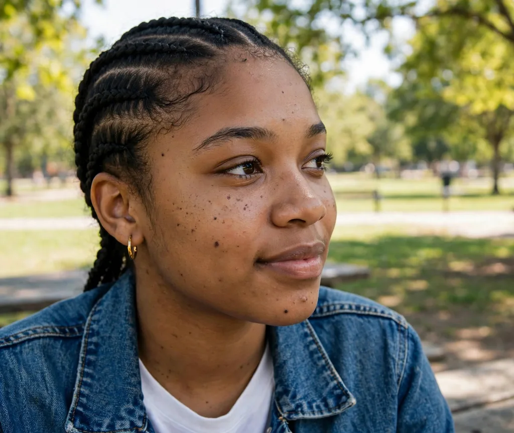 Neat straight-back cornrows on a teen in a denim jacket, sunny park background