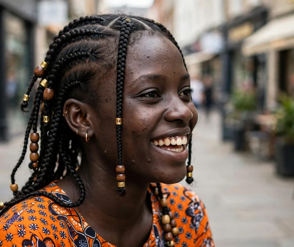 Fulani braids with wooden and gold beads, Ankara print top, outdoor street