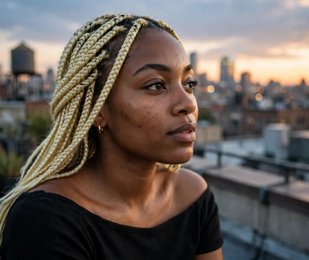 Side-swept lemonade braids on a woman in black, city rooftop at dusk