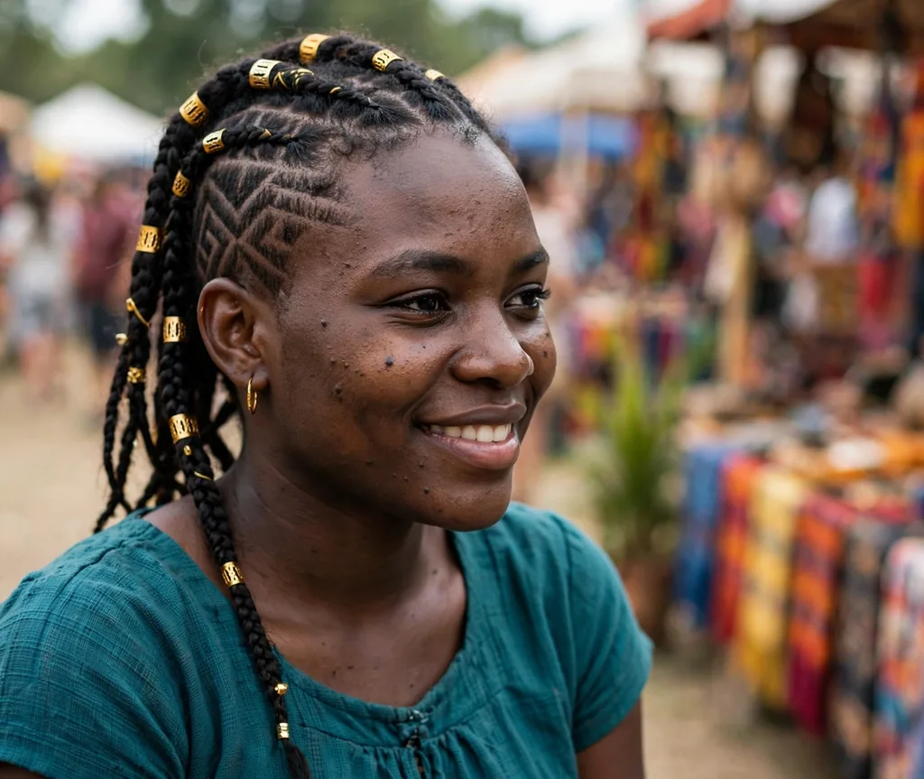 Tribal braids with side patterns and gold accessories, teal dress, festival background