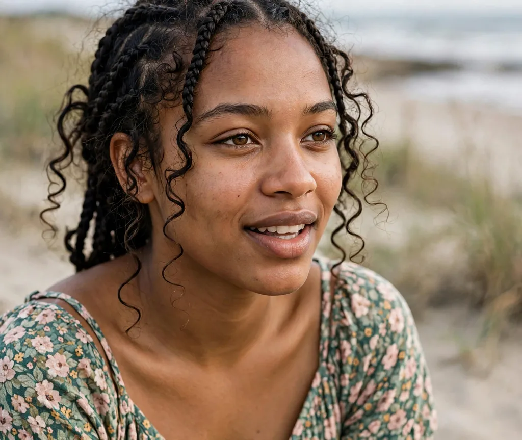 Boho knotless braids with loose curly pieces, floral sundress, beach