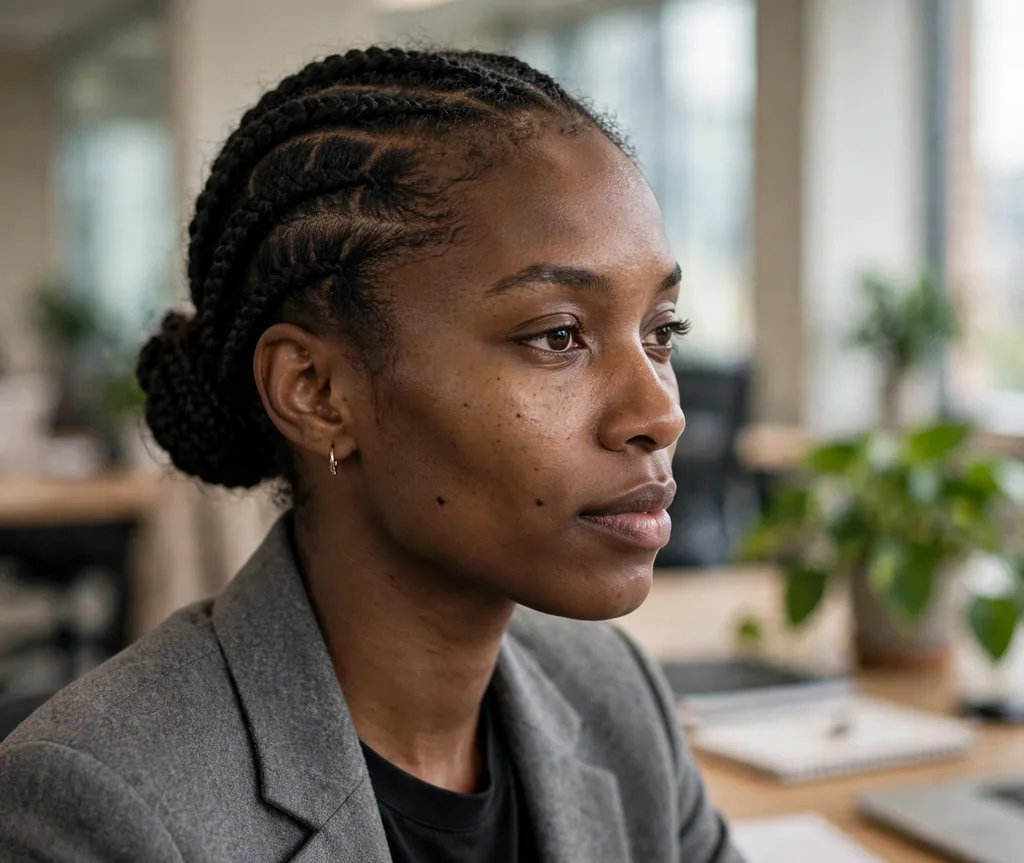 Precise stitch feed-in braids in a low bun, gray blazer, modern office