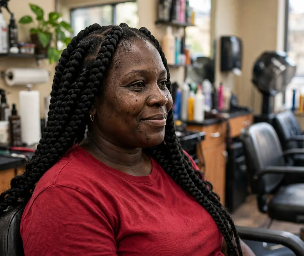 Jumbo black box braids on a woman in a red top, salon chair