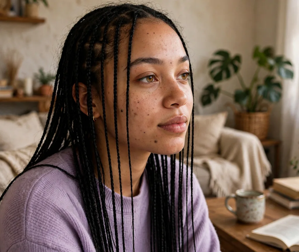 Very long thin micro braids, lavender sweater, cozy living room