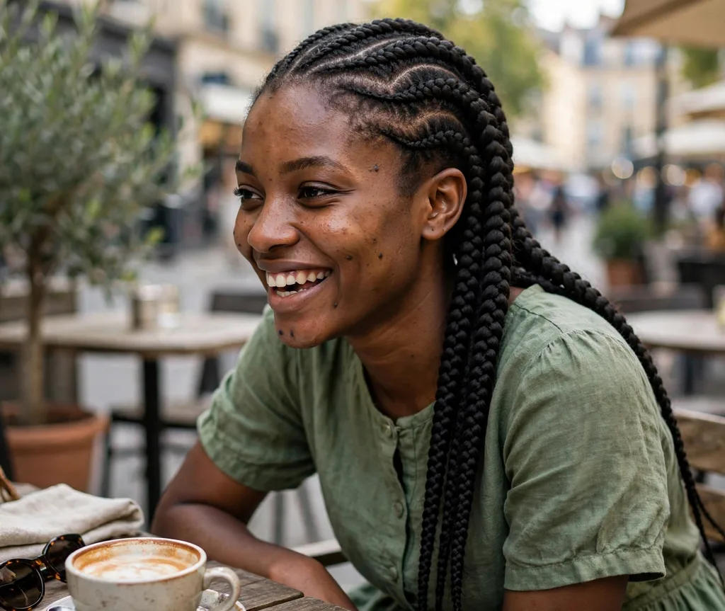 Ghana weaving banana cornrows, green dress, outdoor café