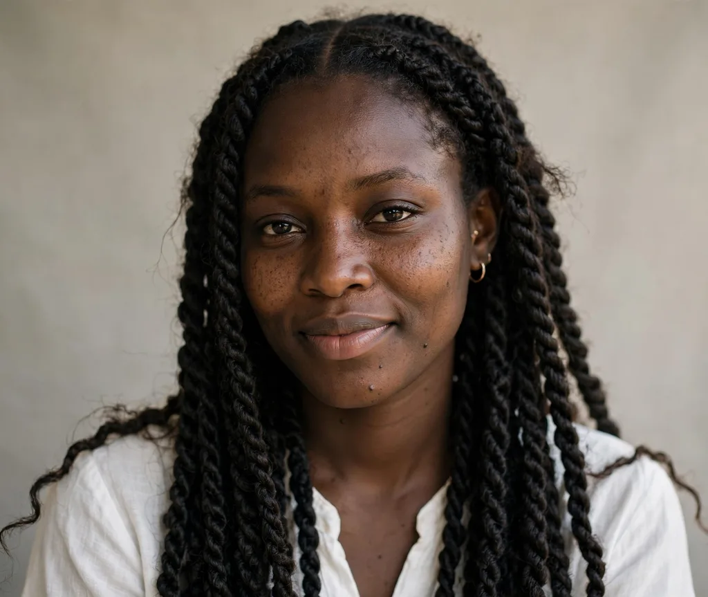 Long Senegalese rope twists with middle part, white blouse, studio background