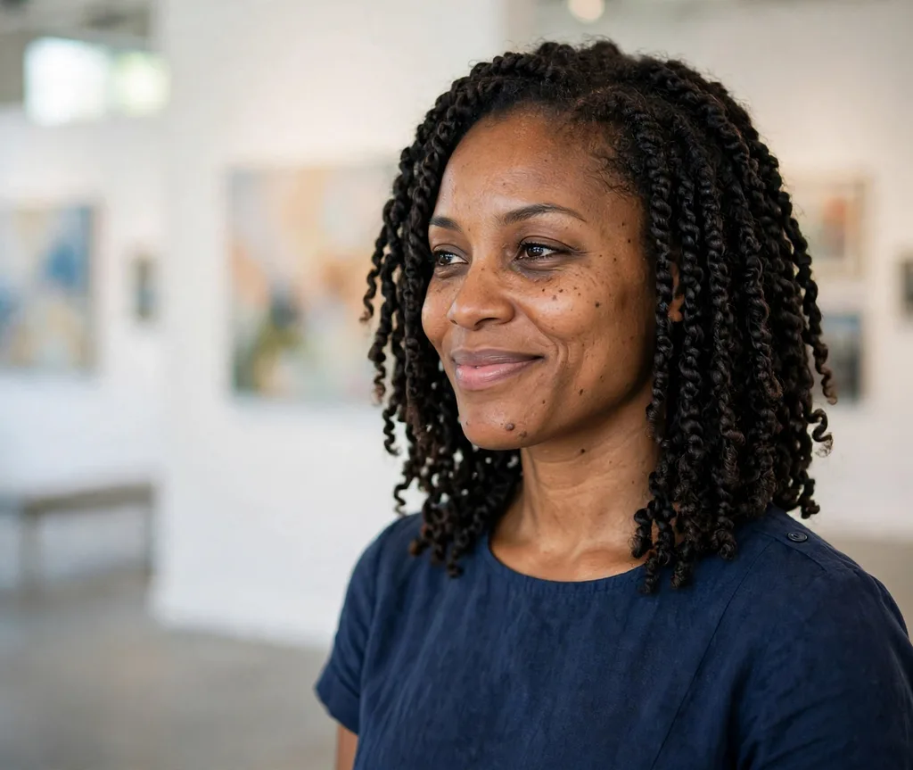 Shoulder-length Havana twists, navy dress, art gallery