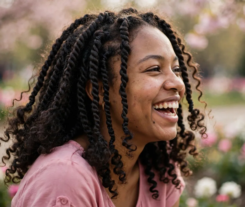 Passion twists with fluffy curly texture, pink top, flower park