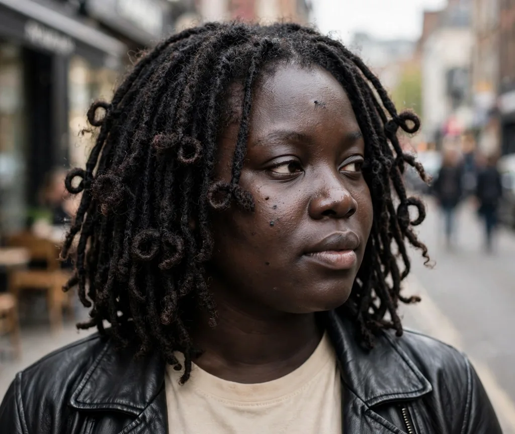 Shoulder-length butterfly locs with distressed texture, black leather jacket, city street