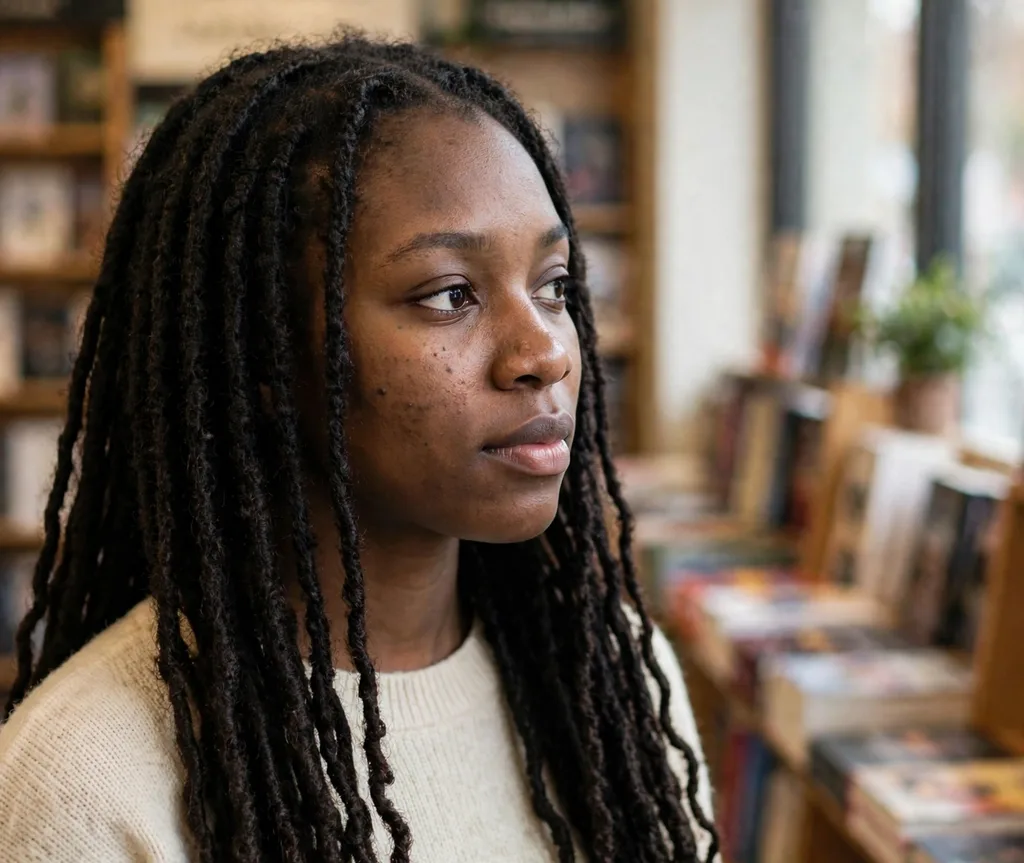 Long faux locs with middle part, cream sweater, bookstore