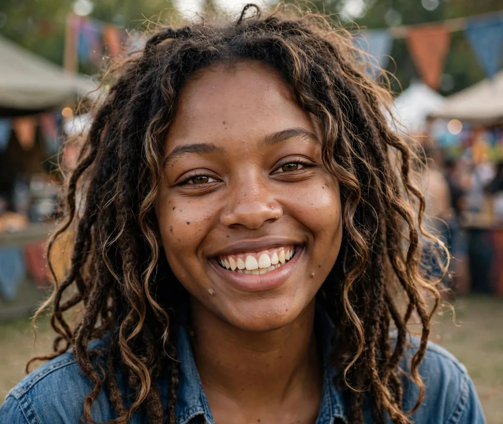 Distressed boho locs with wavy pieces, denim shirt, music festival