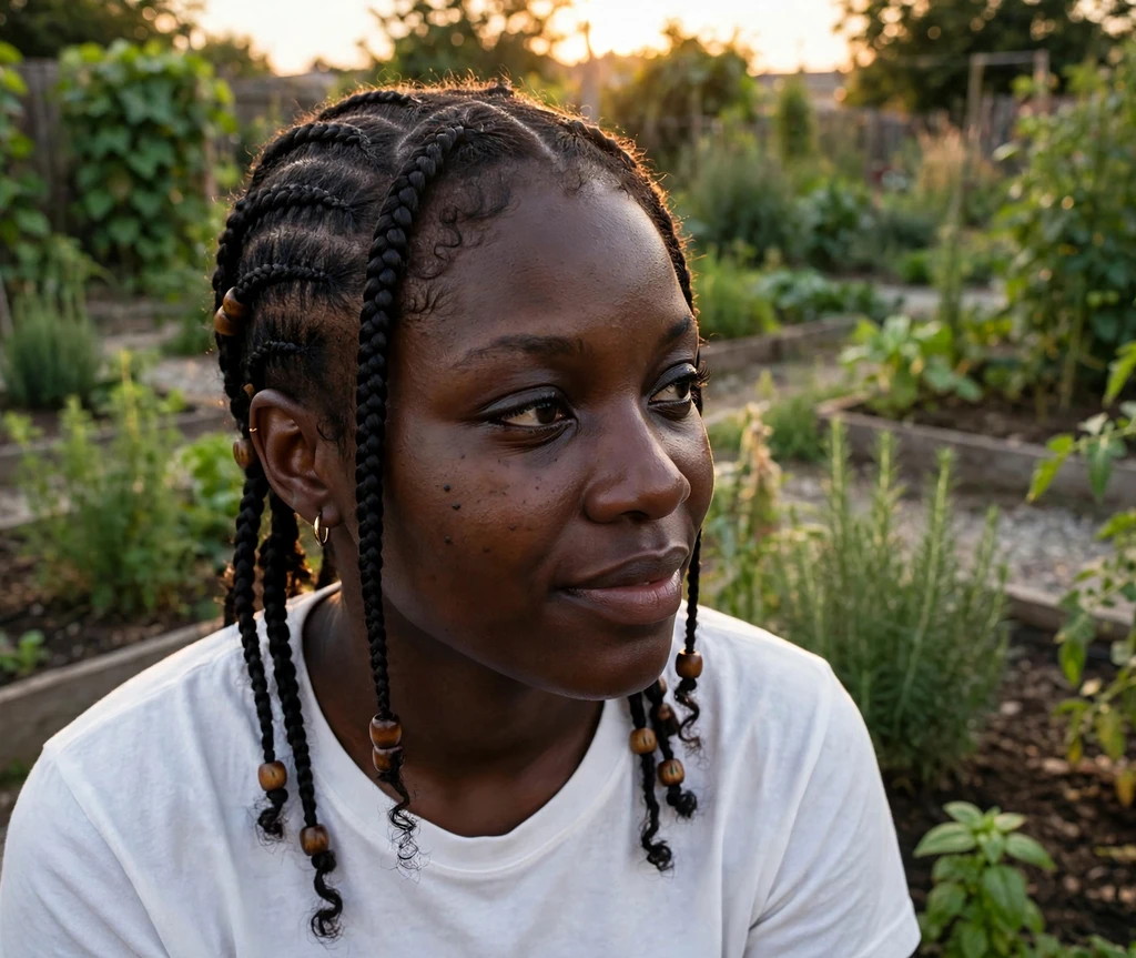 Black woman with Fulani cornrows decorated with wooden beads in a garden