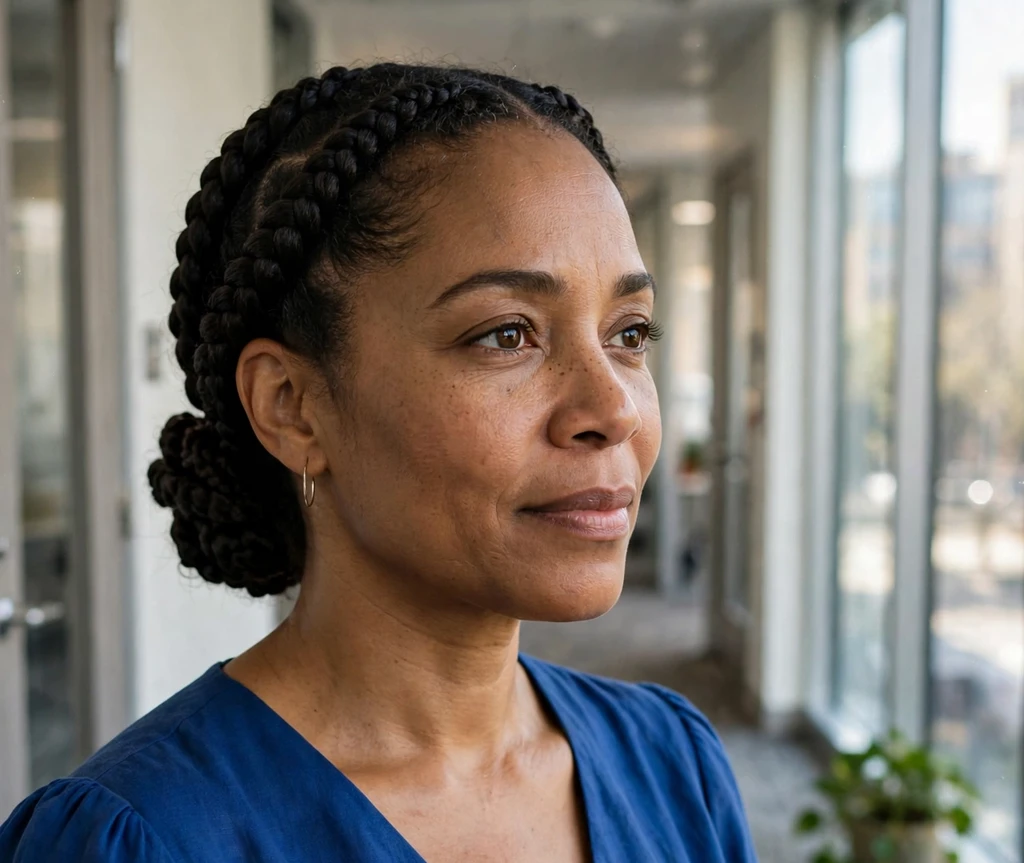 Black woman with thick goddess cornrows styled into a low bun in an office