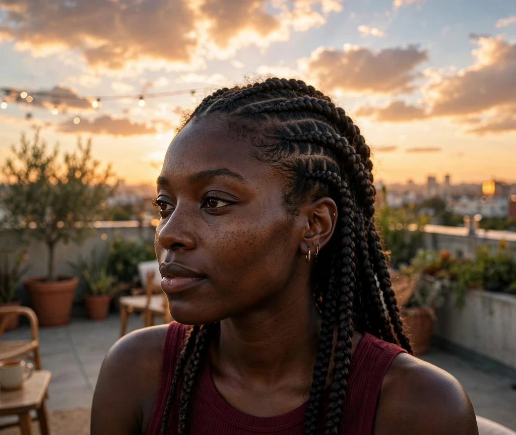Black woman with layered tribal braids in mixed sizes on a rooftop