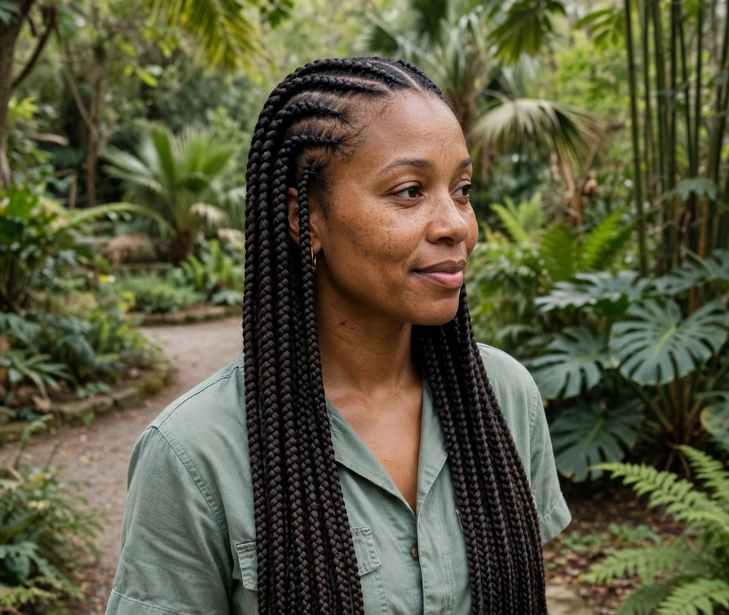Black woman with waist-length feed-in braids with a center part in a botanical garden