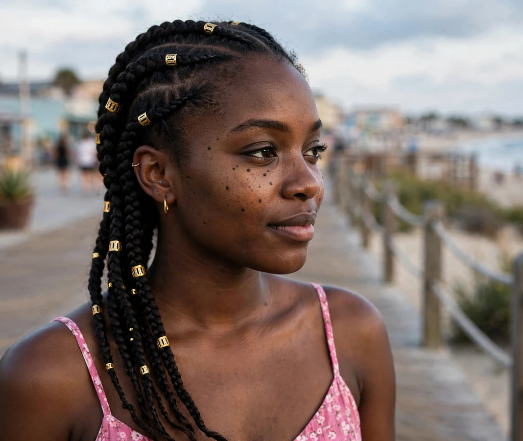 Black woman with side-swept lemonade braids with gold cuffs on a beach boardwalk