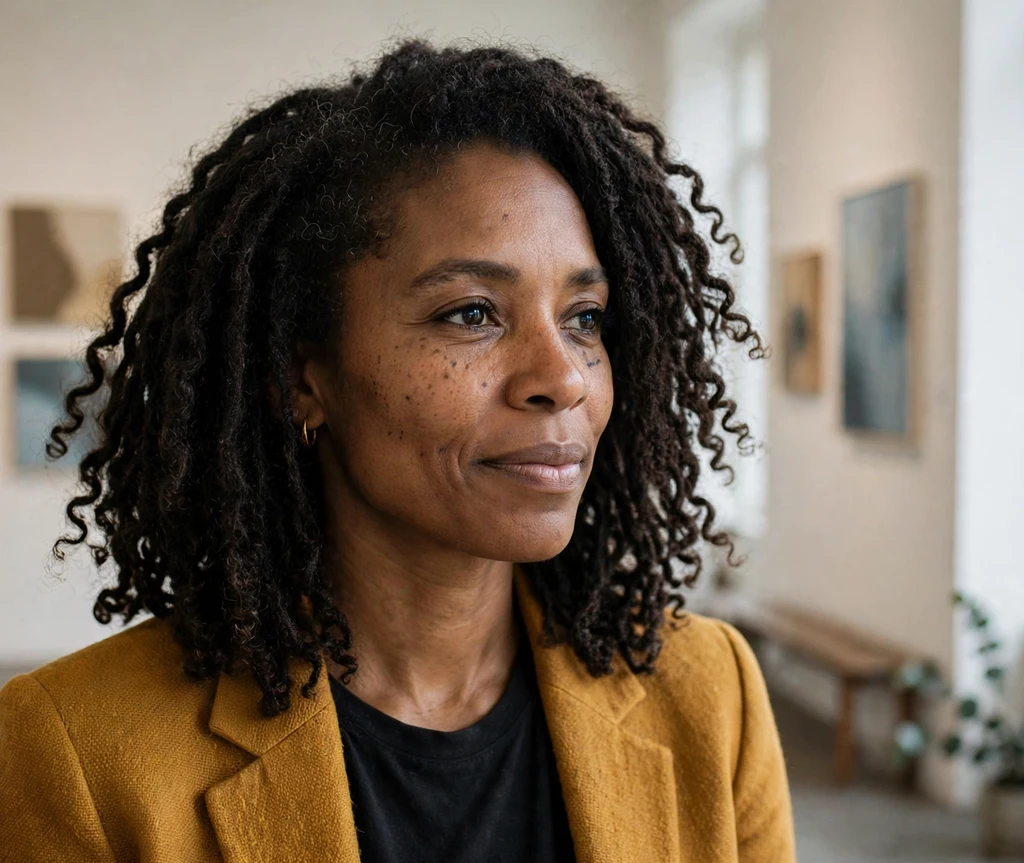 Black woman with shoulder-length butterfly locs with distressed texture in an art gallery