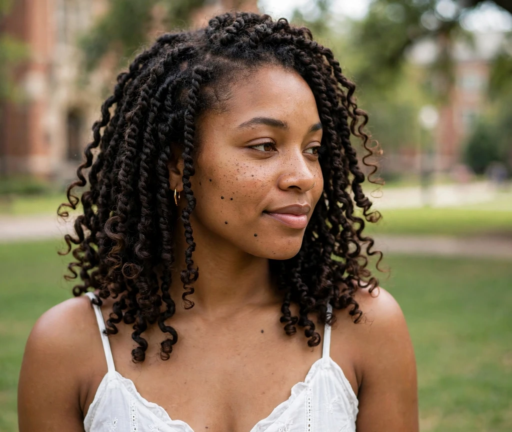 Black woman with medium passion twists with curly ends on a campus lawn