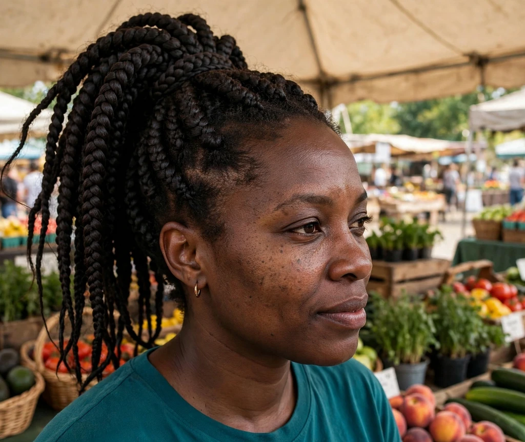 Black woman with jumbo box braids in a high ponytail at a farmers market