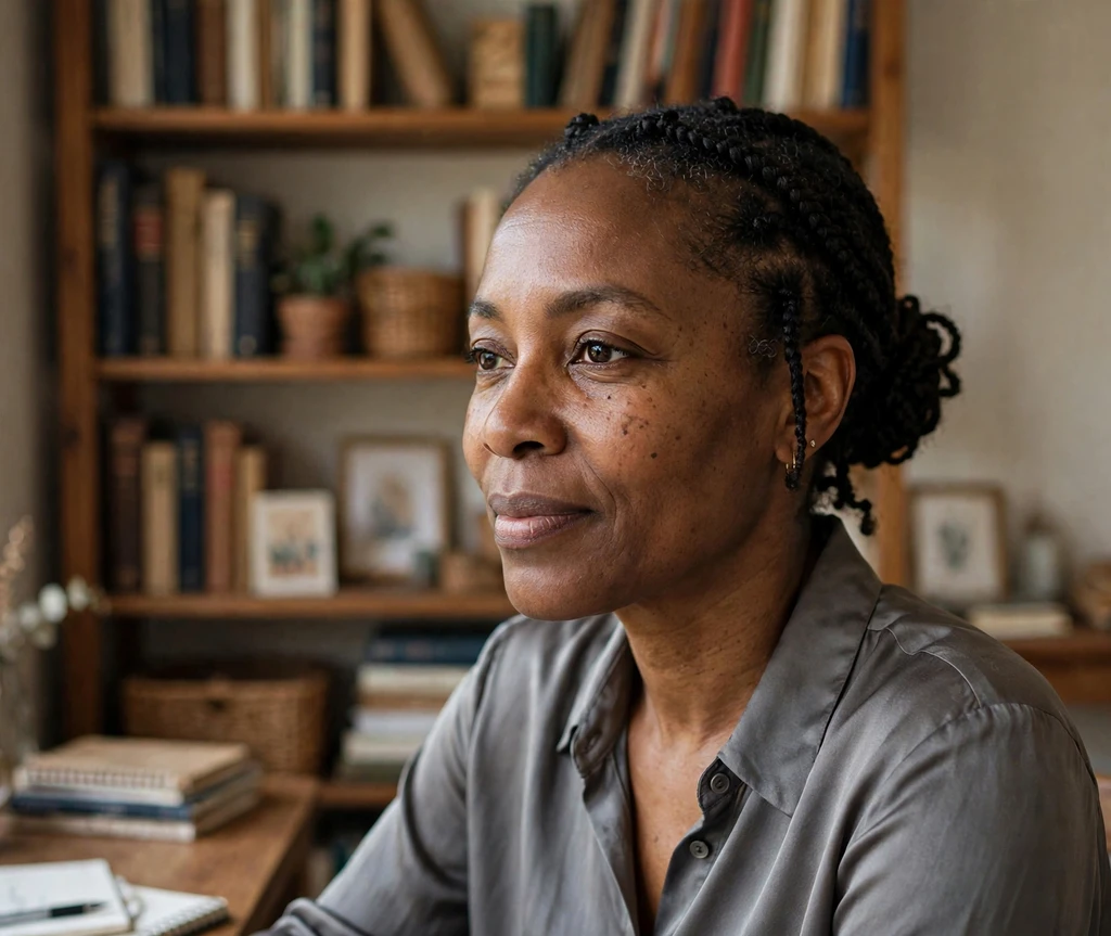 Black woman with small neat knotless braids in a low bun in a home study