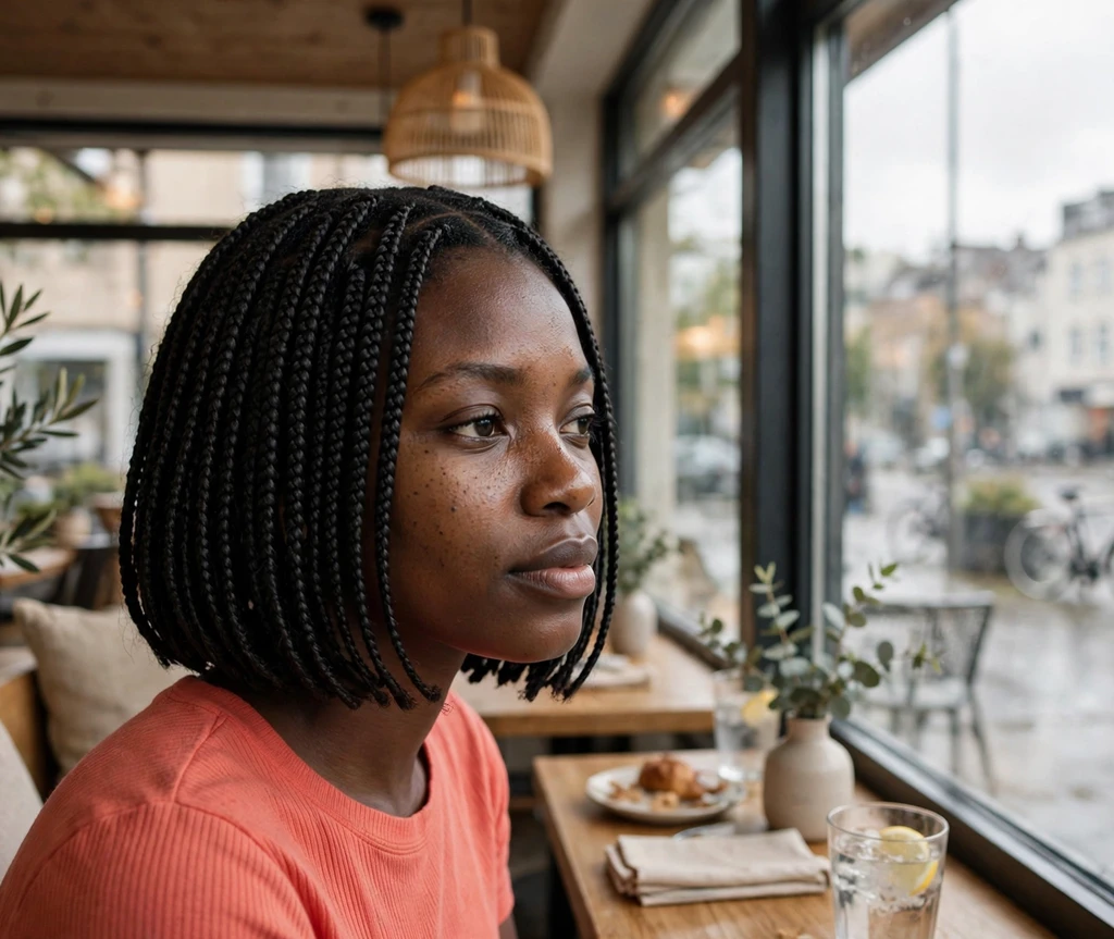 Black woman with a chin-length bob of box braids with a middle part in a cafe