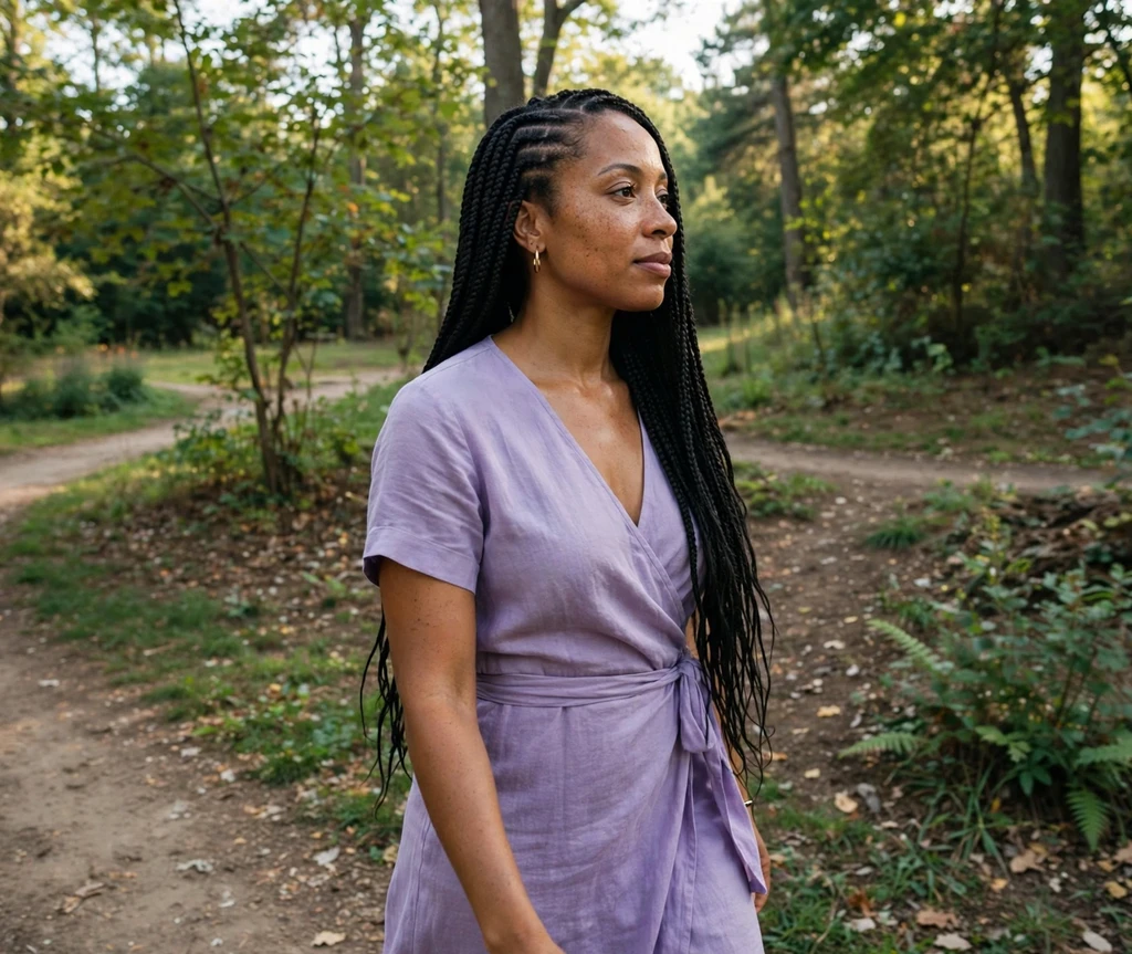 Black woman with waist-length box braids with a deep side part on a park trail