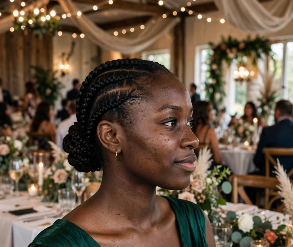 Black woman with cornrows gathered into a sleek low bun at a wedding