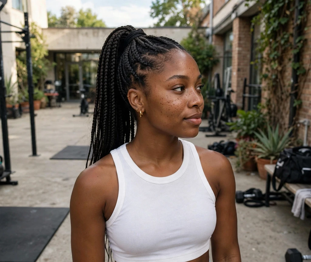 Black woman with long braids in a high sleek ponytail in a gym courtyard