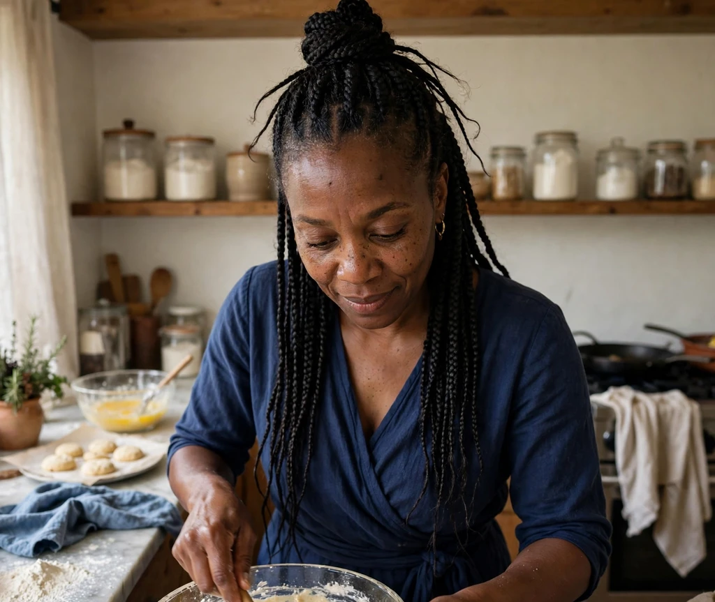 Black woman with half-up knotless braids with the rest flowing in a kitchen