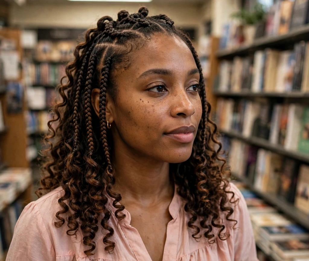 Black woman with french curl braids with bouncy curled ends in a bookstore