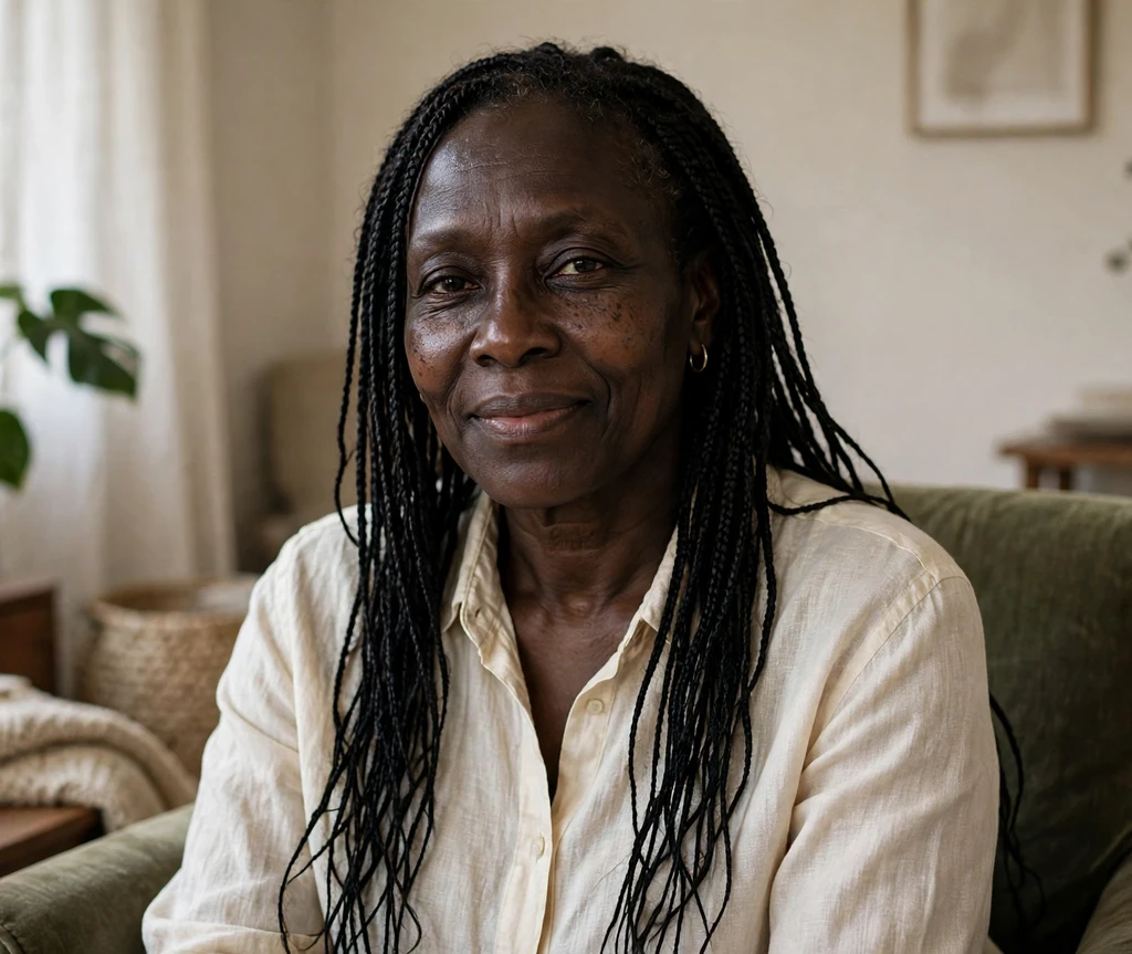 Black woman with fine micro braids worn loose past her shoulders in a living room