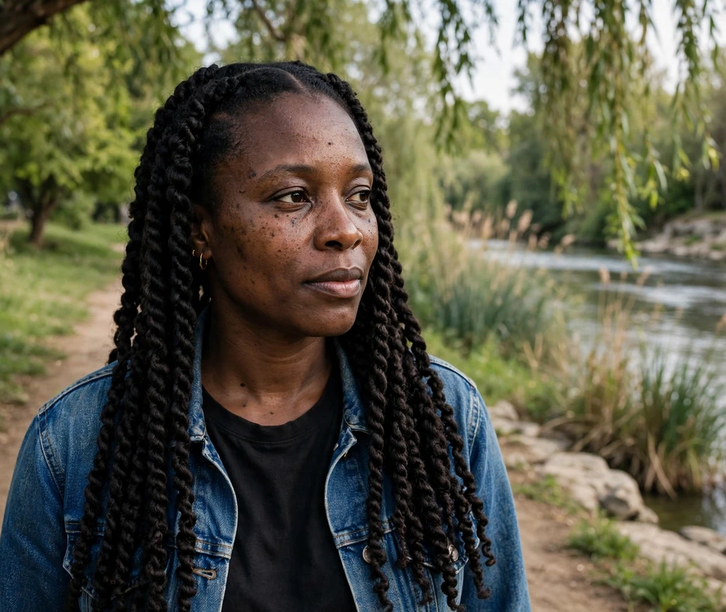 Black woman with long senegalese twists with a middle part on a riverside walk