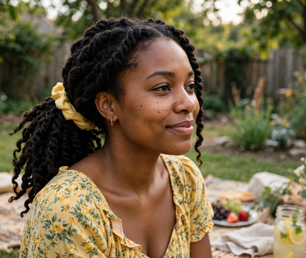 Black woman with chunky havana twists in a side ponytail at a backyard picnic
