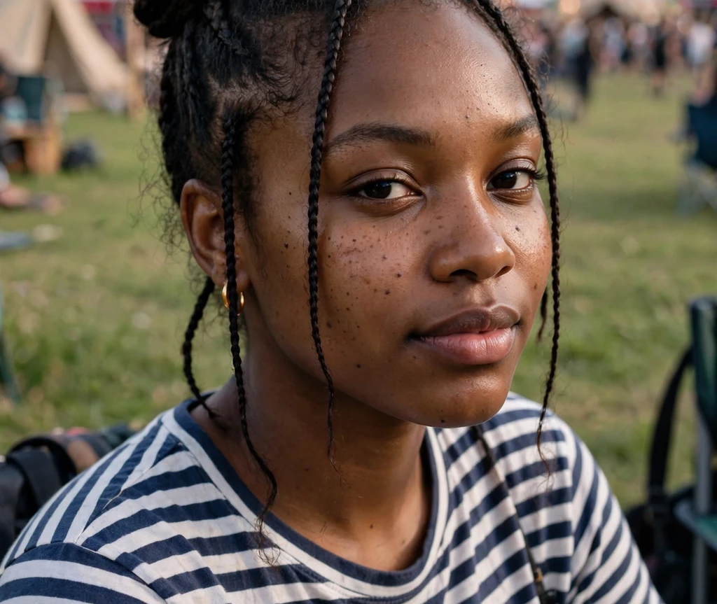 Black woman with two braided space buns with face-framing braids at a festival