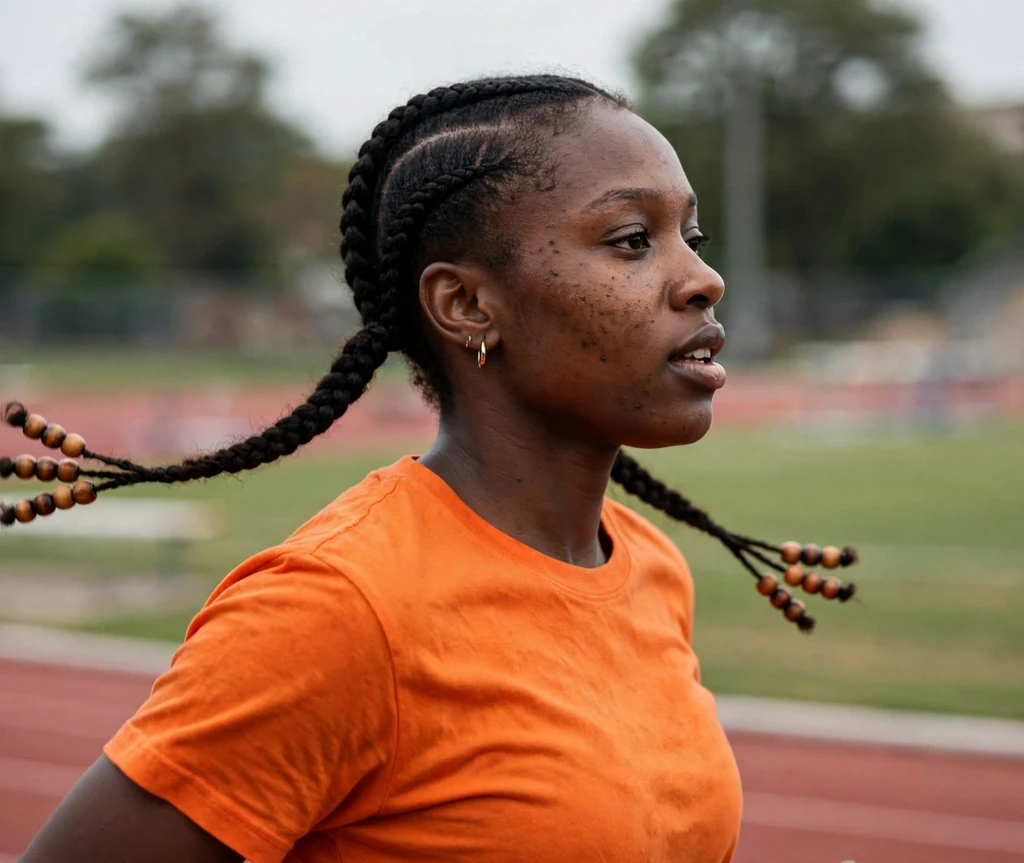 Black woman with cornrow pigtails with beaded ends on a running track