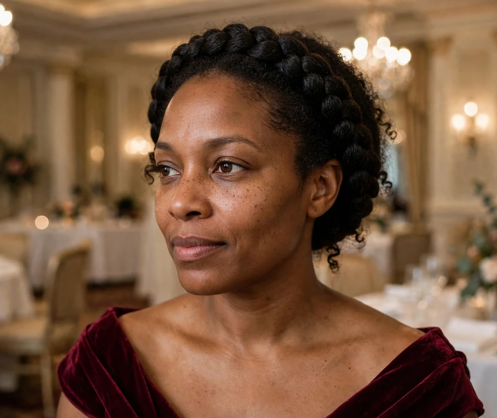 Black woman with a halo crown braid over natural hair in a ballroom