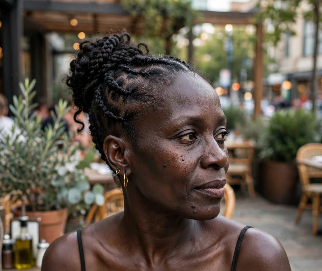Black woman with a braided updo bun with twisted front cornrows on a restaurant patio