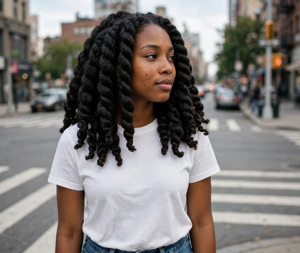 Black woman with shoulder-length jumbo two-strand twists at a city crosswalk