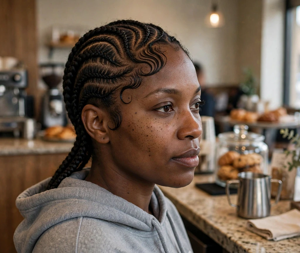 Black woman with cornrows with curved artistic parts at a coffee shop