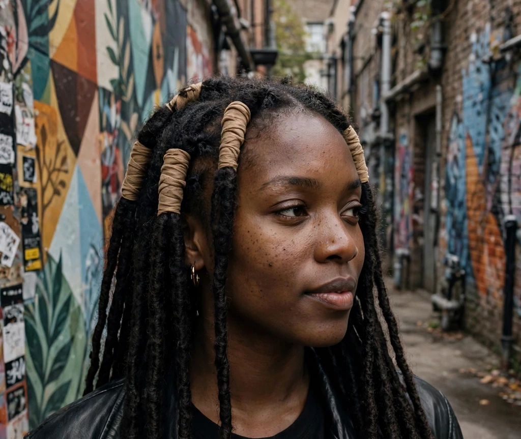 Black woman with long faux locs with wrapped roots near urban wall art