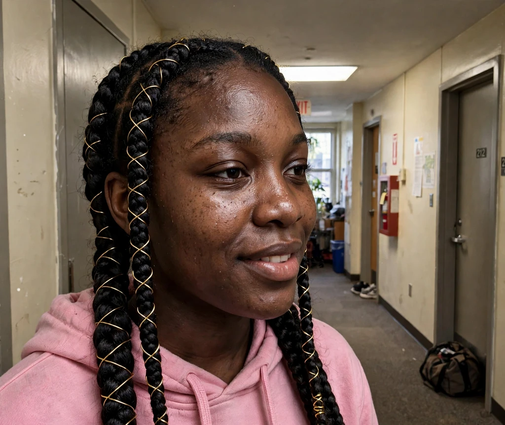 Black woman with double dutch braids with gold wire accents in a dorm hallway