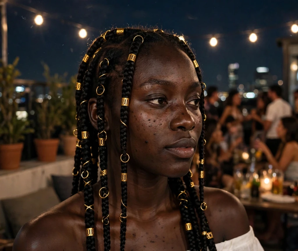 Black woman with Fulani braids decorated with gold cuffs at a rooftop party