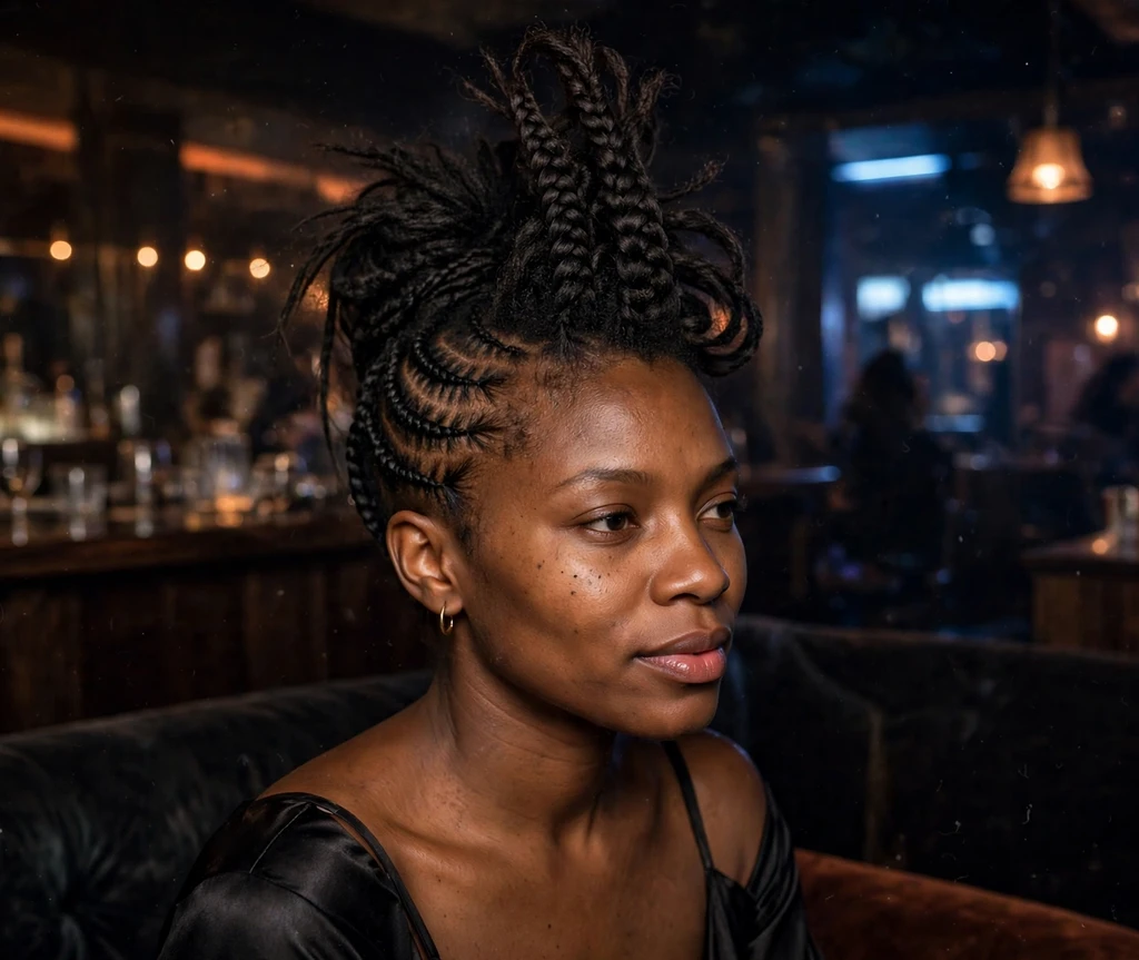 Black woman with a braided mohawk updo with cornrowed sides in a nightclub lounge