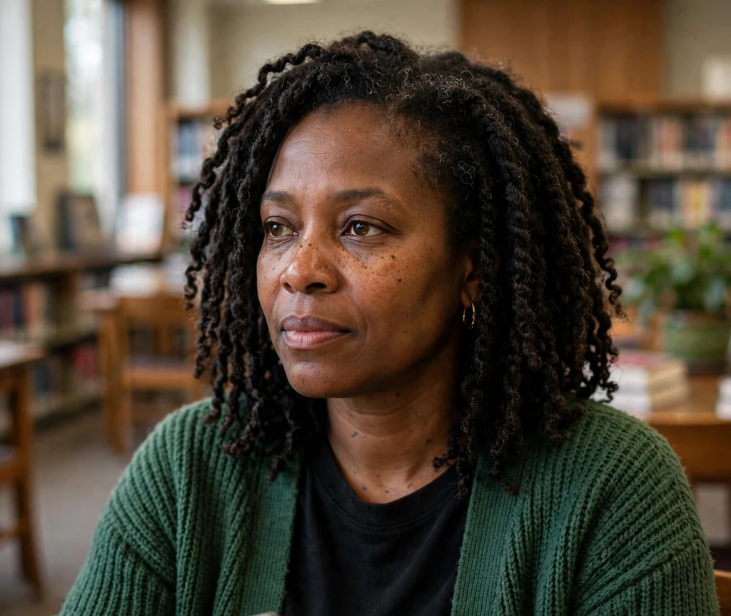 Black woman with shoulder-length kinky twists in a library reading room