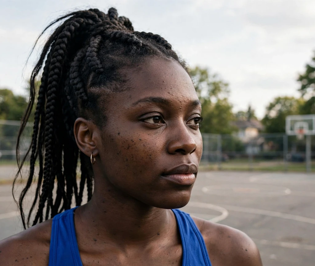 Black woman with chunky cornrows in a high ponytail on a basketball court