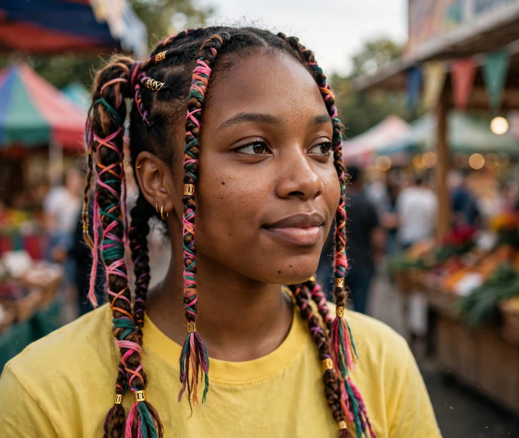 Black woman with braided pigtails with colorful thread wraps at a street fair