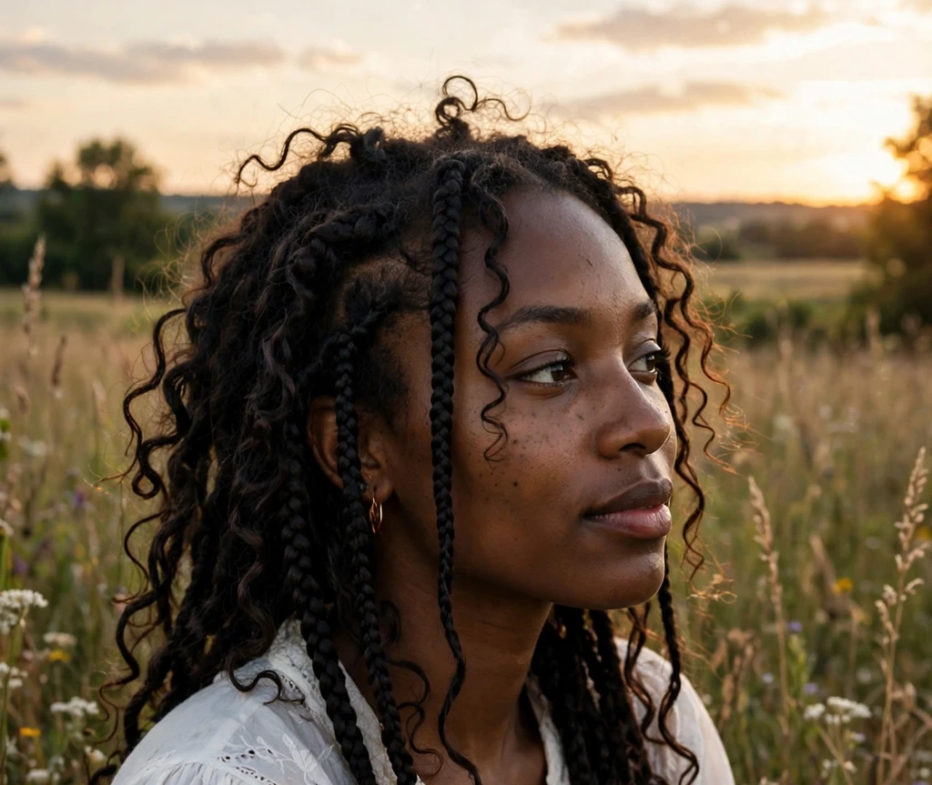 Black woman with layered boho braids of mixed lengths in a meadow at sunset