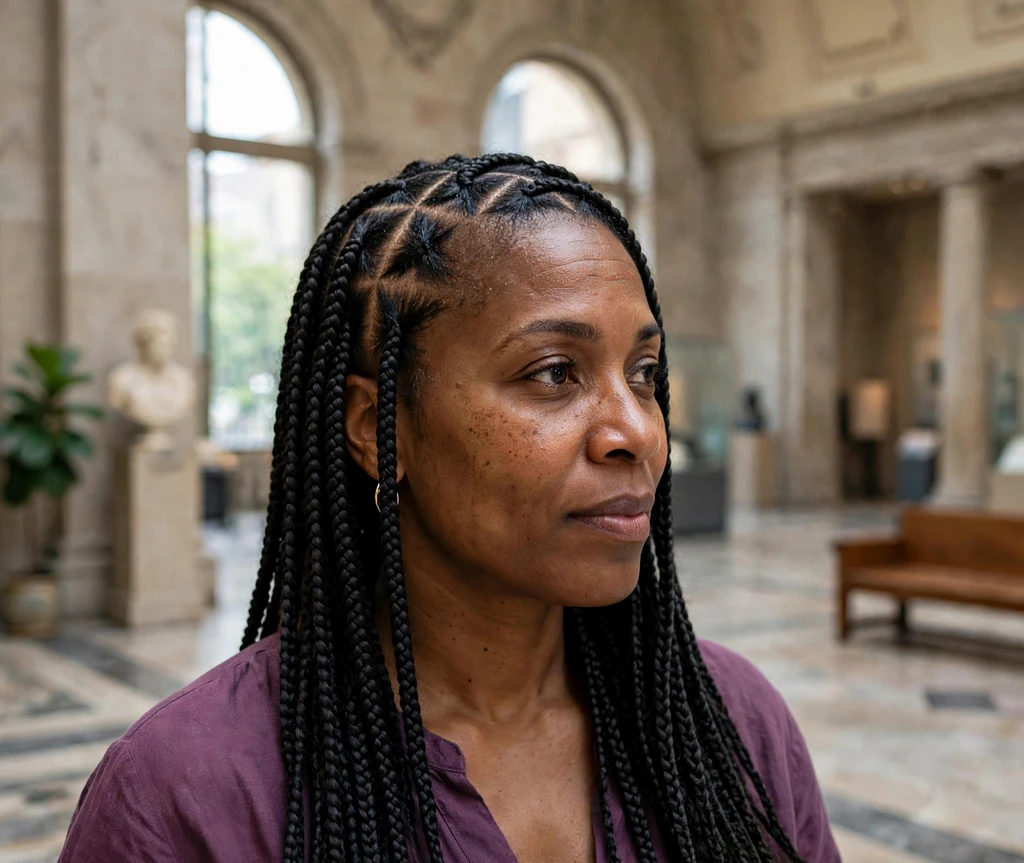 Black woman with box braids with triangle parts in a museum lobby