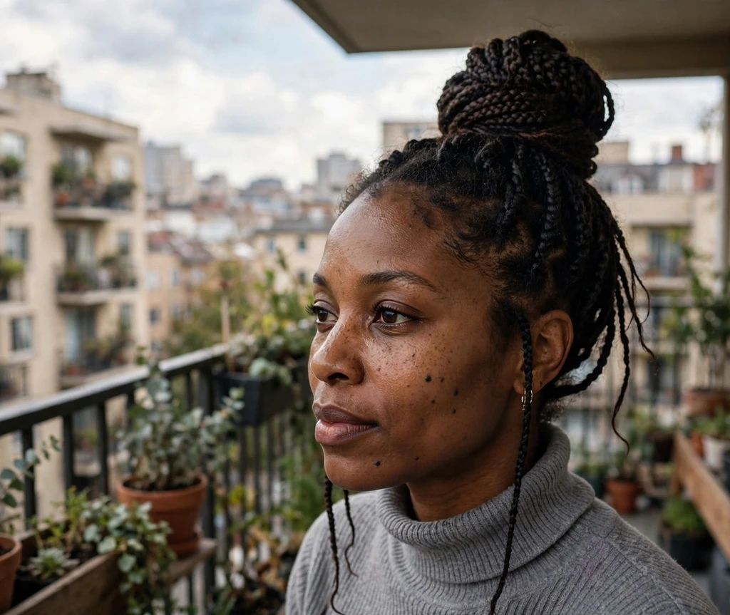 Black woman with braids swept into a high top knot on an apartment balcony